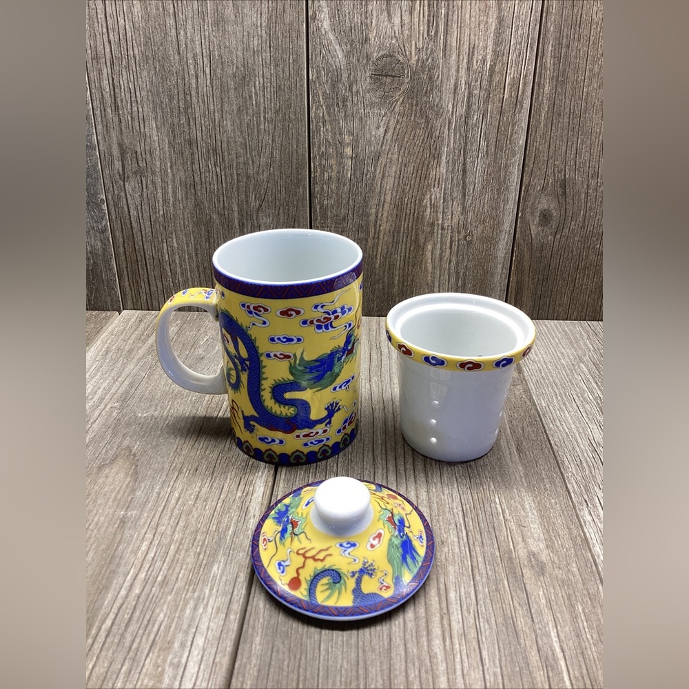 Asian Themed DRAGON Ceramic Tea Cup Diffuser 3-Piece. Cup, Lid, and Strainer